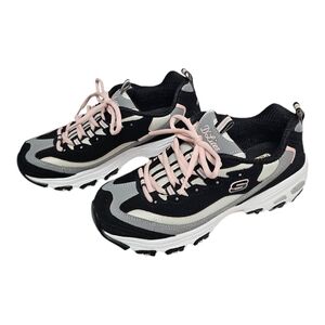 SKECHERS Women's Shoes  D'Lite Suede   Mesh Leather Lace UP  Black Pink size 8